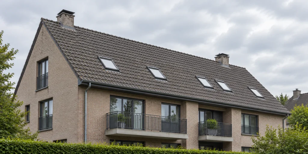 Klein Belgisch appartementsgebouw met breed pannendak, illustratie bij dakreiniging