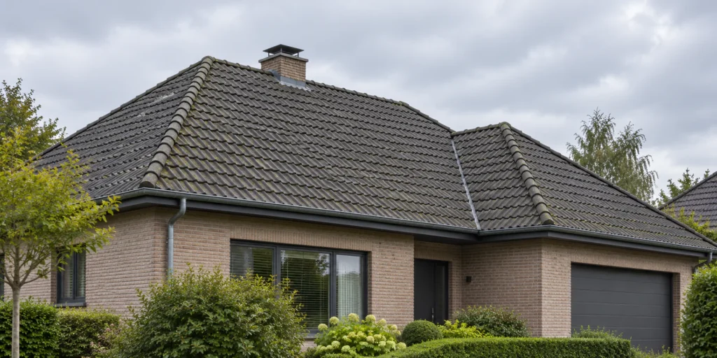Belgische bungalow met donkere betonpannen en lichte algenvorming, illustratie bij dakreiniging