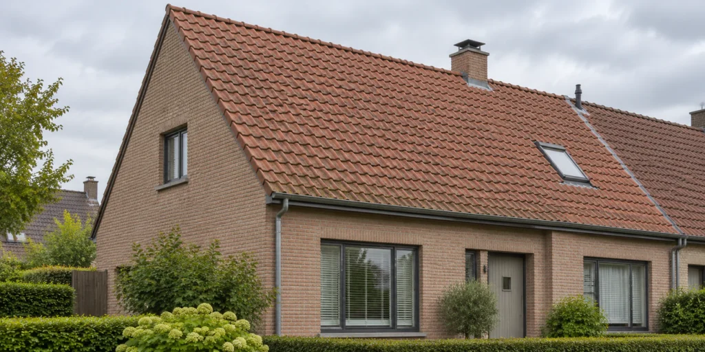 Belgische woning met rood pannendak en lichte mosvorming, illustratie bij dakreiniging