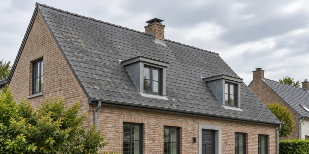 Belgische woning met donker leien dak en lichte verwering, illustratie bij dakreiniging