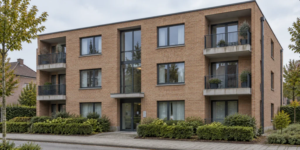 Klein Belgisch appartementsgebouw met baksteengevel en lichte weersporen, illustratie bij gevelreiniging