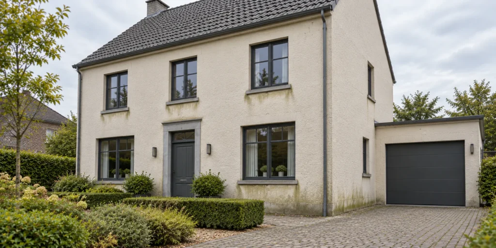Belgische woning met lichte crepigevel en weersporen, illustratie bij gevelreiniging