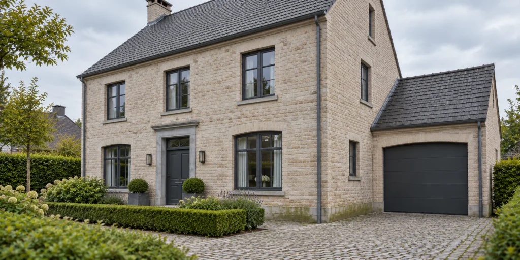 Belgische woning met lichte natuursteengevel en subtiele verkleuring, illustratie bij gevelreiniging