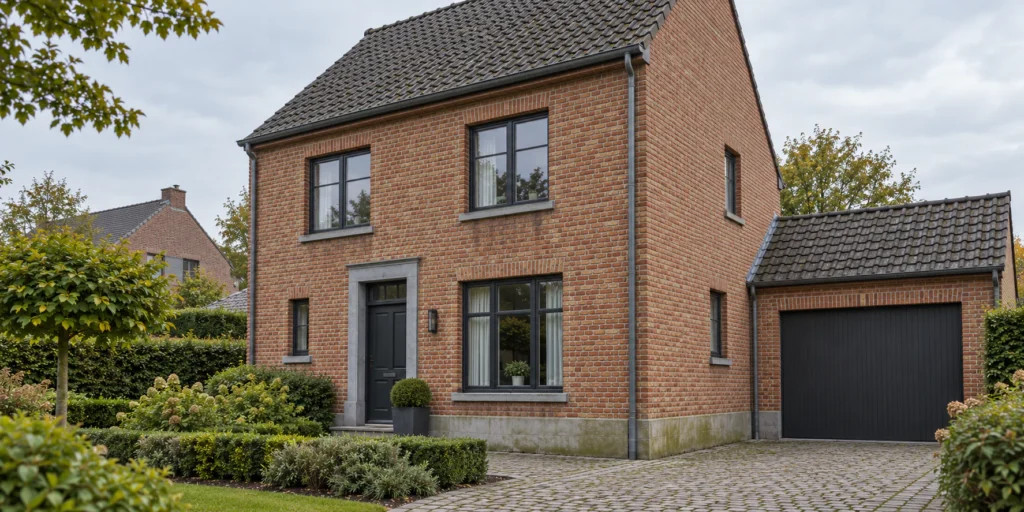 Belgische woning met rode baksteengevel en lichte groene aanslag, illustratie bij gevelreiniging